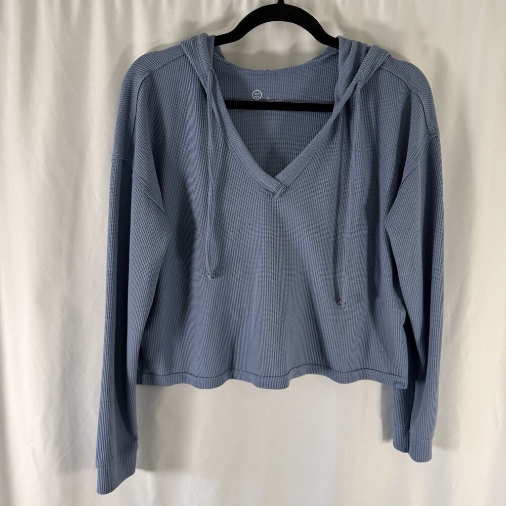 Gilly Hicks Hoodie Women's Small Blue Waffled Crop Drawstring Pullover Pockets